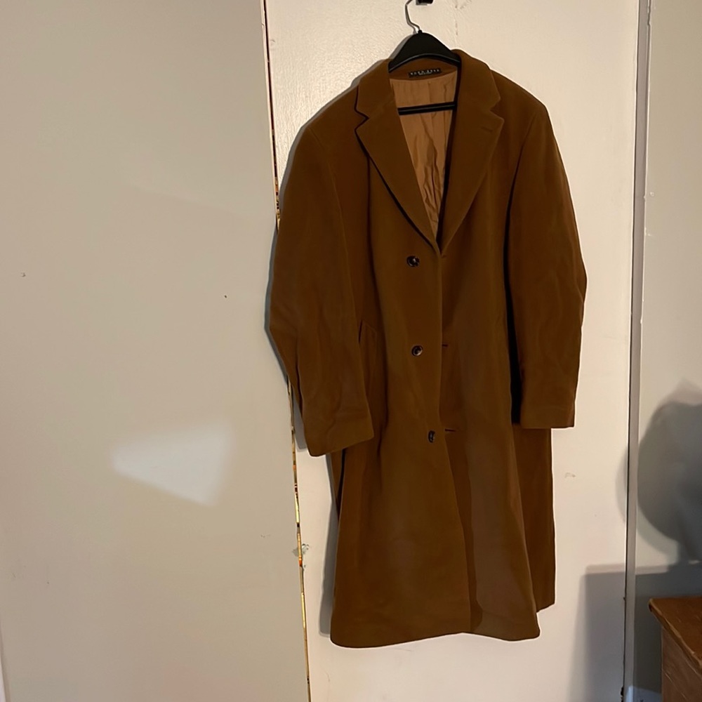 Brown Hugo Boss Mens long heavy coat from Barney’s in New York City.